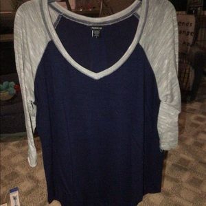 Torrid, woman’s shirt size 1 (18-20) blue with gray 3/4 length sleeves